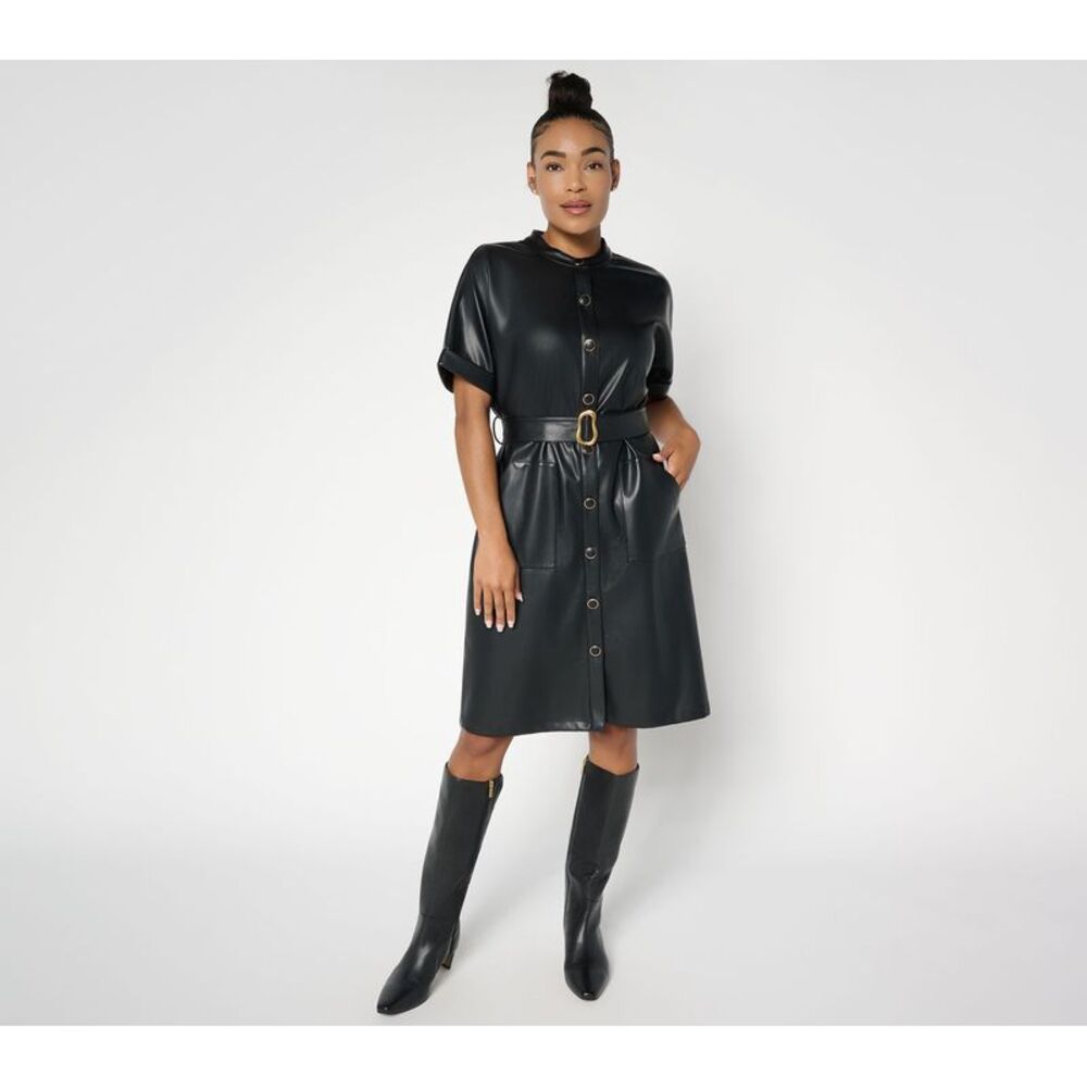 Susan Graver Women's Dress Sz L Faux Leather Button Front Black